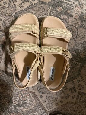 Steve Madden Neutral Woven Strap Sandals with Gold Buckles
